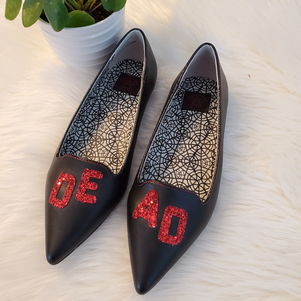 StrangeCvlt DEAD red black glitter flats point 8 Halloween Goth Spooky Shoes